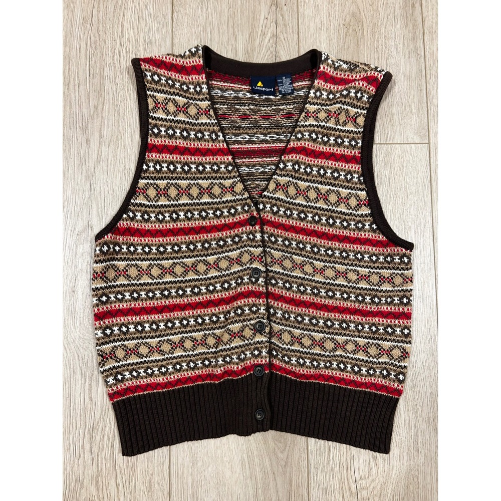 Vintage Lizsport Fair Isle Sweater Vest Brown Red Cotton Blend Button Front M